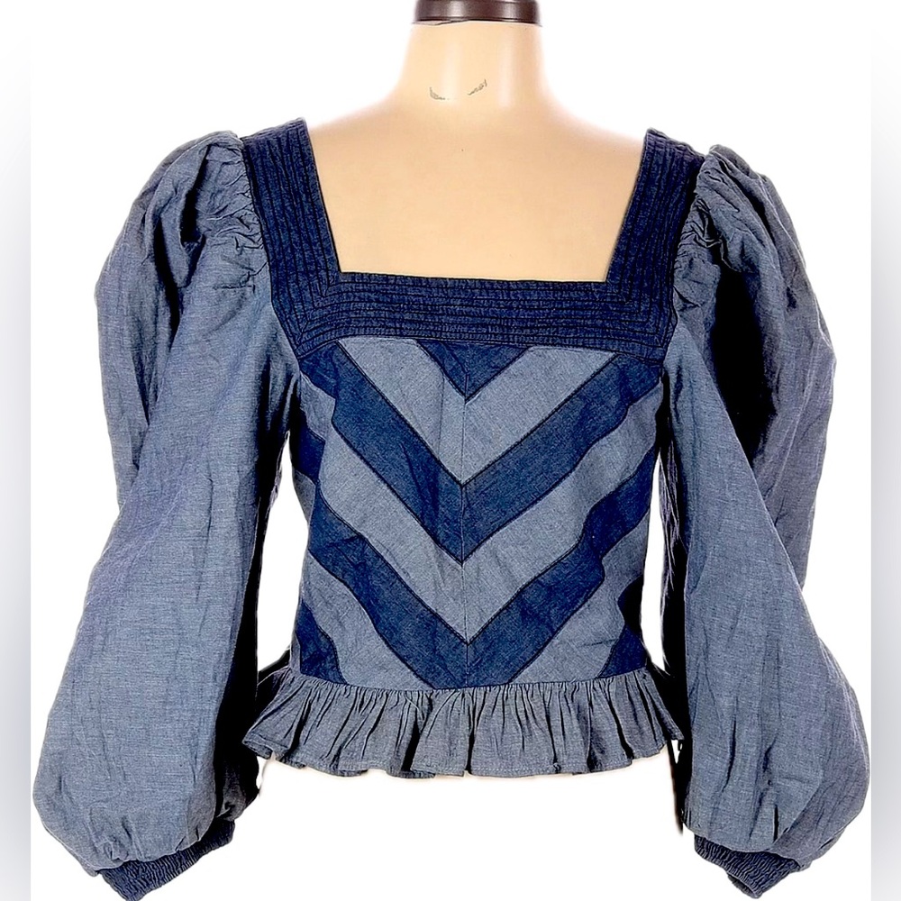 ANTHROPOLOGIE LOVE THE LABEL SMOCKED PUFF-SLEEVE BLOUSE IN DENIM